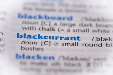 Blackcurrant word in a dictionary. Selective focus, close up.