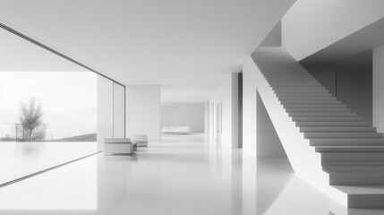 Fototapeta premium Modern White Interior Design With Staircase and View