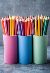 Fototapeta premium Colorful Pencils in Decorative Cups Perfect for Educational Themes and Crafts