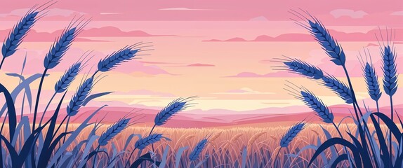 Fototapeta premium wheat fields under pastel pink evening horizon illustration background design