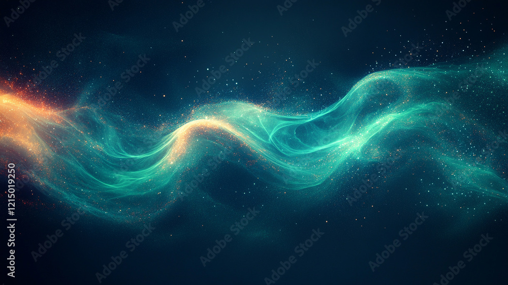 Poster blue background with a neon green wavy line in the middle glowing softly, dark gradient backdrop, mi