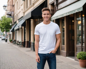 Fototapeta premium Young man wearing white t-shirt and jeans standing on the street