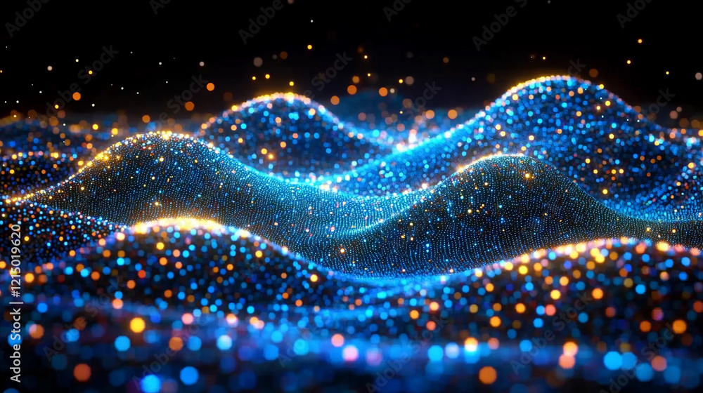 Poster blue background with a neon green wavy line in the middle glowing softly, dark gradient backdrop, mi
