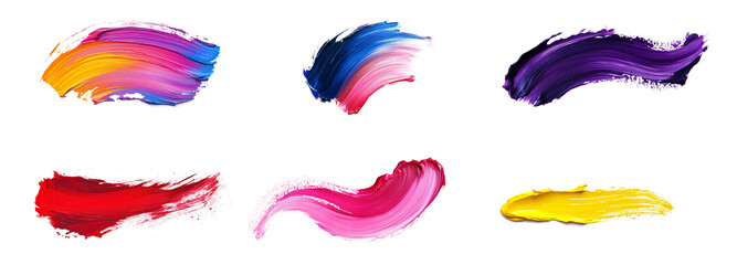 Set of 6 vibrant paintbrush strokes in diverse colors on isolated transparent PNG background, perfect for creative projects, digital designs, and modern marketing visuals