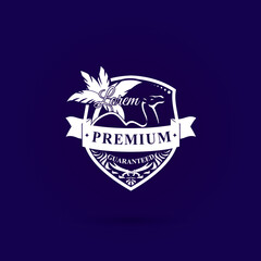 Obraz premium Camel logo and sign vector, Brand logo in the shape of a camel and coconut tree, PREMIUM QUALITY GUARANTEED Badge Vector, High Quality Vintage Badges, Premium Quality Badge logo design element