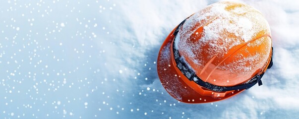 Orange construction helmet sits on snowy ground. Snowflakes fall around helmet. Winter work safety concept. Safety equipment for cold weather work. Protecting workers during winter construction.