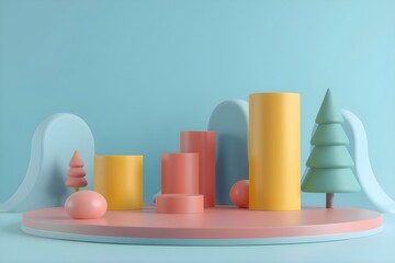 Colorful wooden blocks arranged playfully on a blue background, creating a dynamic 3D composition