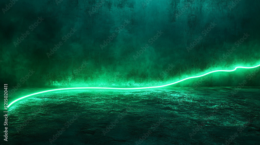 Poster blue background with a neon green wavy line in the middle glowing softly, dark gradient backdrop, mi