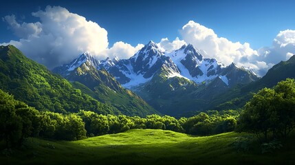 Fototapeta premium Majestic Mountain Landscape with Lush Green Valley and Blue Sky