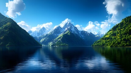 Fototapeta premium Serene Reflection of Majestic Mountains in Calm Blue Water