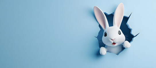 An Easter bunny is sticking out of a broken wall, leaving space for text