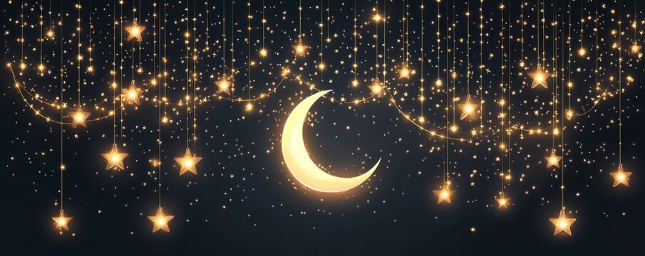 Festive golden, glowing lights garland with a crescent moon and stars on a transparent background, vector illustration.