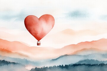 Fototapeta premium A dreamy watercolor scene of a heart-shaped hot air balloon floating over a pastel-colored landscape, with soft clouds and golden light