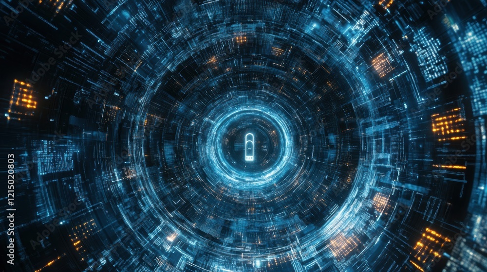 Poster glowing digital padlock symbolizes cybersecurity within a futuristic tunnel of data streams, represe