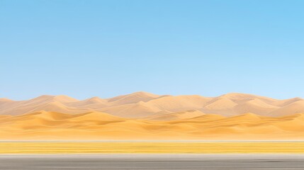 Fototapeta premium Vast Desert Landscape with Golden Sand Dunes and Distant Mountains Under a Clear Blue Sky
