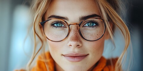 Close-up portrait of a young woman with freckles and glasses.