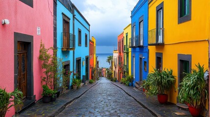 Fototapeta premium Vibrant Coastal Town with Colorful Houses and Cobblestone Street