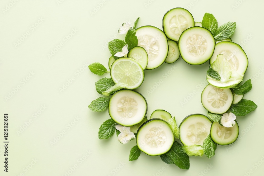Poster a flat geometric design of a sliced zucchini arranged in a circular pattern, rendered in shades of g