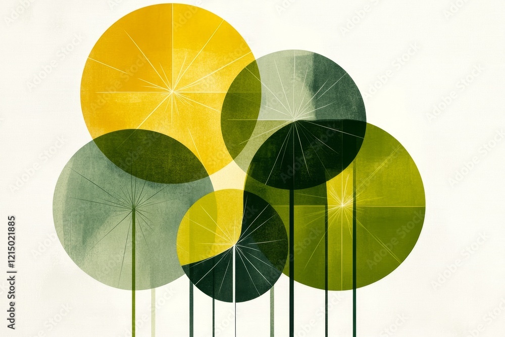 Poster a flat geometric design of a sliced zucchini arranged in a circular pattern, rendered in shades of g