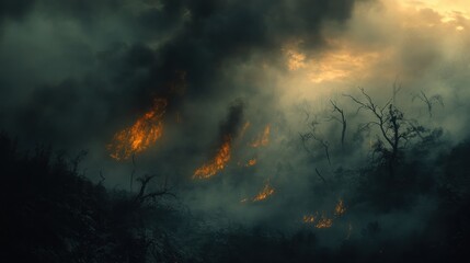 Naklejka premium Forest Fire in Smoky Twilight
