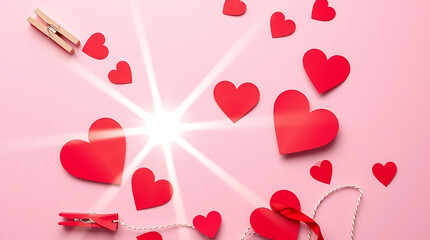 Valentine's day background, red paper hearts, pink textured surface, clothespins, string, festive decoration, romantic composition, soft lighting, minimalist design, love theme, craft elements, flat l