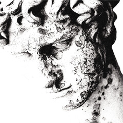 Close-up of ruined and fractured classical ancient marble statue. Defined pixel effect and halftones. 