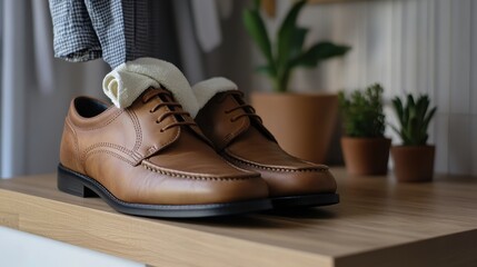 Stylish Brown Leather Shoes on Wooden Shelf