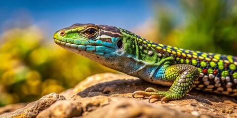 Naklejka premium Italian Wall Lizard Basking, Podarcis Siculus Reptile Sunbathing, Mediterranean Wildlife, Close Up Lizard Photography