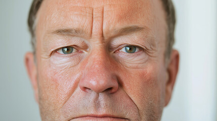 Obraz premium Mature man wincing with swollen, reddened right eye, displaying visible eye inflammation and facial discomfort