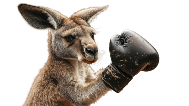 Ready to Rumble: Kangaroo Boxer: A powerful kangaroo, ready for a fight, wears a worn boxing glove.  Its intense gaze and powerful stance convey determination and strength.