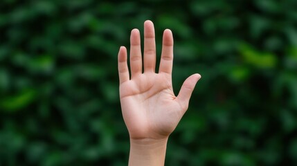Hand Gesture with Open Palm Against Green Natural Background for Communication and Sign Language Concepts