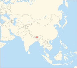 Location Map of the country Bhutan in Asia. The country is highlighted with a red polygon. No labels at all.