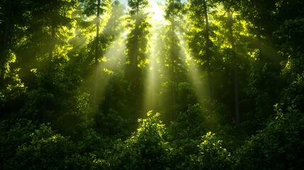Fototapeta premium Ethereal Sunlight Streaming Through Green Forest Trees