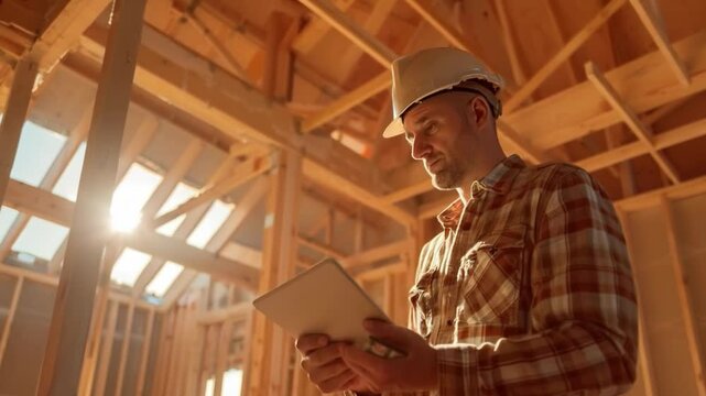 Video of a builder with a tablet in hand on a construction site, useful for business presentations, construction training materials.
