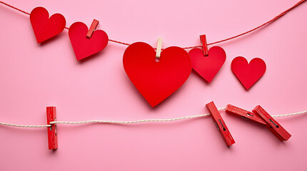 Valentine's day decoration, red paper hearts on string, pink background, wooden clothespins, minimalist design, festive holiday display, handmade craft, romantic atmosphere, love symbols, paper art, f