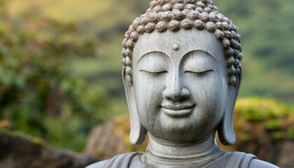 Stone Buddha's Head Sculpture with Closed Eyes, Radiating Calm and Spiritual Reflection Amidst a Natural Setting