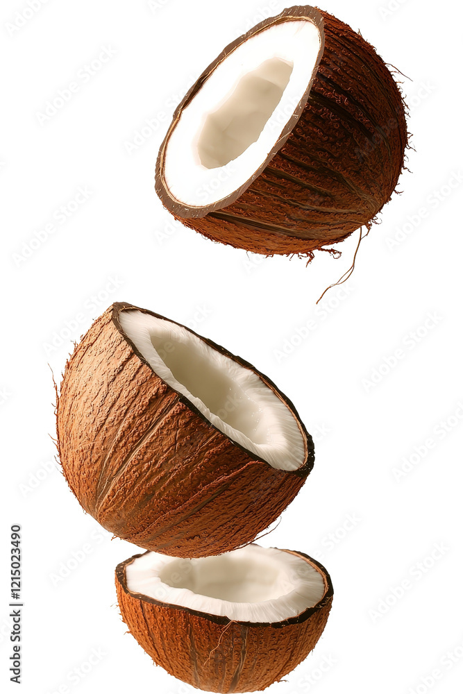 Poster coconuts arranged on a solid black background showcasing their texture and natural brown color isola