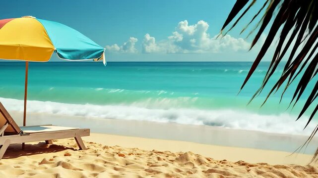 Tranquil Caribbean beach with colorful umbrella and empty lounge chairs