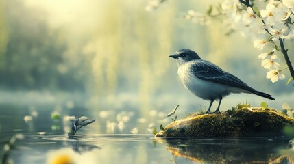 Serene Bird Perched on a Mossy Rock by the Pond