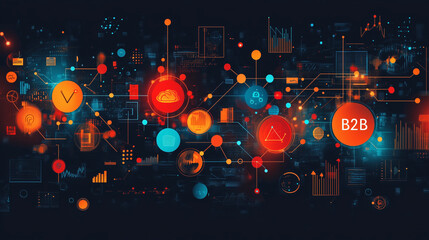 "B2B" with lines connecting professional icons and data streams. Bright lighting, contrast