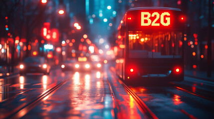 "B2G" in large type over an abstract representation of city government. Bright lighting, contrast