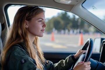 Concentrated female student learning to drive a car in a driving school