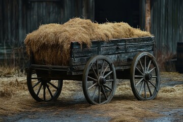 Old wooden cart filled with hay sits in front of a weathered barn, evoking a rustic, agricultural scene