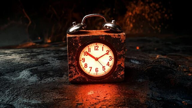 Rusty Alarm Clock in Fiery Embers: A Dramatic Timepiece Background Animation - Apocalyptic Countdown Timer in Red Hot Glowing Embers