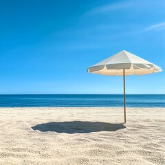 Fototapeta premium Serene Beach with Umbrella Under Clear Sky and Calm Ocean Waves