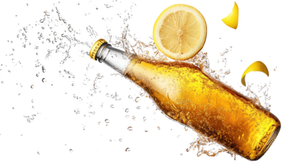 Refreshing Lemon Beer Splash: A dynamic image showcasing a bottle of amber beer in mid-air, surrounded by a vibrant splash of liquid and lemon slices.