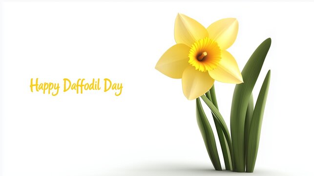 Happy Daffodil Day text with a bright yellow daffodil on a white background, symbolizing springtime and renewal. High quality illustration
