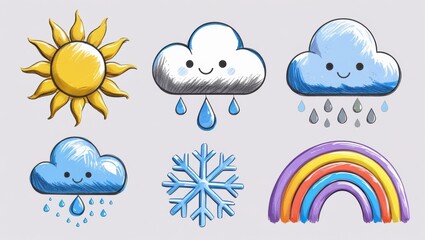 Obraz premium Cute Hand Drawn Weather Icons Sun Clouds Rain Snow Rainbow Perfect for Children s Illustrations