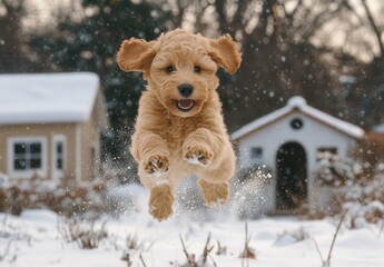 Playful Golden Puppy Jumping in Snowy Landscape During Winter Season with Houses in Background, Capturing Joy and Energy of Young Canine in Natural Environment