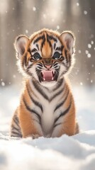 Obraz premium Playful baby tiger roaming in snowy forest wildlife photography winter wonderland close-up view